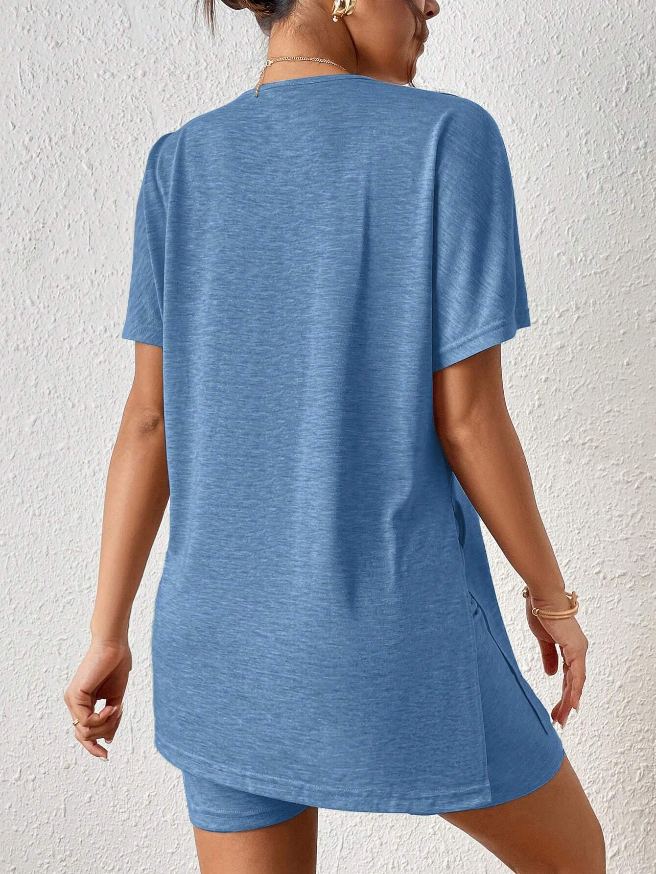 Women's Casual Solid Color Batwing Sleeve Tunic Top & Shorts Two-Piece Set