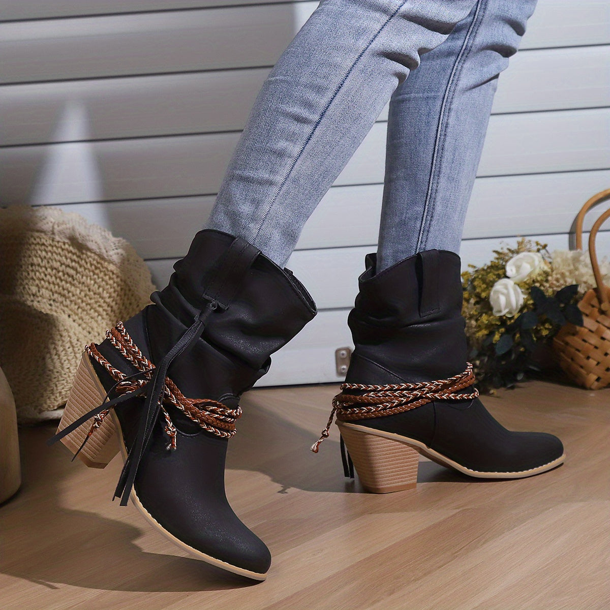 Womens Vintage-Inspired Chunky Heeled Cowboy Boots - Fashionable Tassel & Braided Band Detail, Slip-On Comfort, Soft Slouchy Texture - Retro Short Western Boots