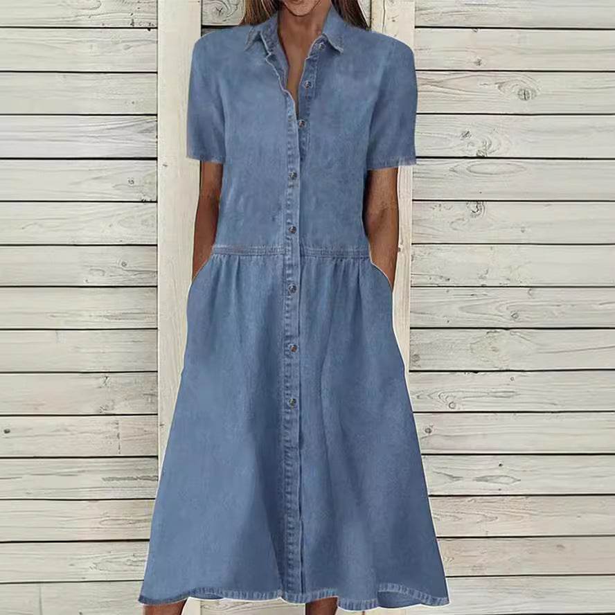 Women's European And American Lapel Casual loose button down Midi Denim jeans Mum Dress