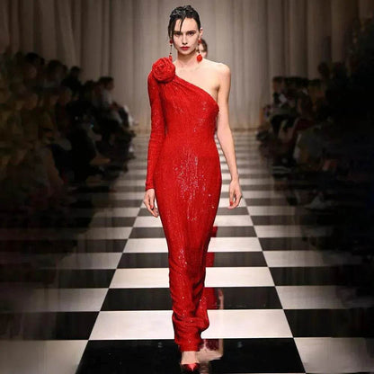 Elegant High-end Dress Rose Red Sequined Evening Dress Female New Year Battle Gown Host