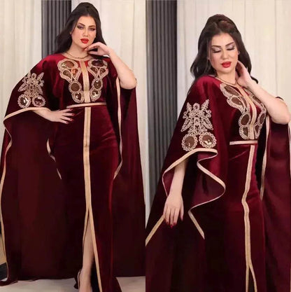Embroidered Turkish Sequined Gold Velvet Dubai Middle East Women Dress