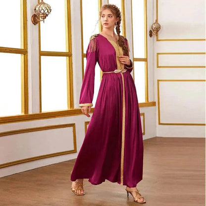 Robe en satin tissé brodé avec perles et épaulettes à pompons pour la Turquie, Dubaï, Moyen-Orient, femmes, Abaya