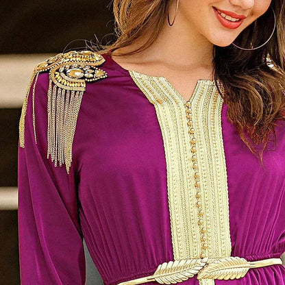 Robe en satin tissé brodé avec perles et épaulettes à pompons pour la Turquie, Dubaï, Moyen-Orient, femmes, Abaya
