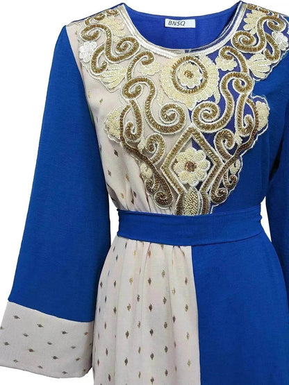 Embroidery Applique Tunic Dinner Party Robe Abaya Dress for Arab Dubai Turkey Middle East Women.