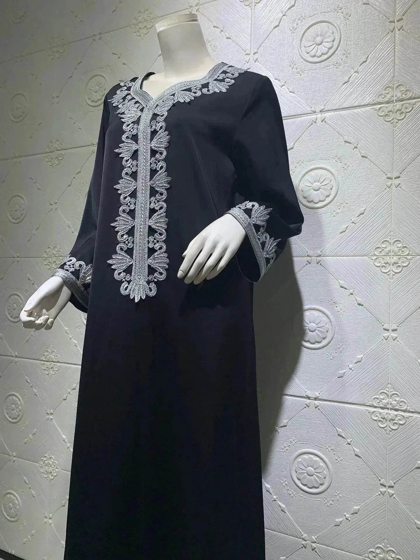 Embroidery  Bronzing Lace Jalabiya Abaya Dress for Arab Dubai Turkey Middle Eastern Women