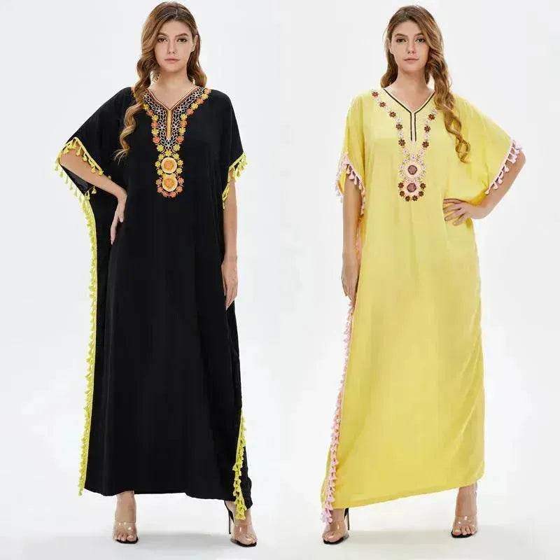 Abaya en Coton Brodé de Soirée pour Femmes Abaya à Manches Courtes Fantaisie pour Femmes du Moyen-Orient
