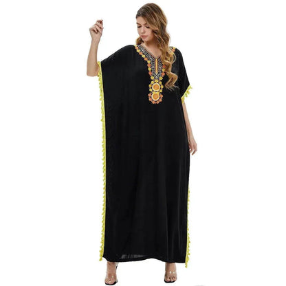 Abaya en Coton Brodé de Soirée pour Femmes Abaya à Manches Courtes Fantaisie pour Femmes du Moyen-Orient
