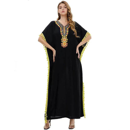 Abaya en Coton Brodé de Soirée pour Femmes Abaya à Manches Courtes Fantaisie pour Femmes du Moyen-Orient