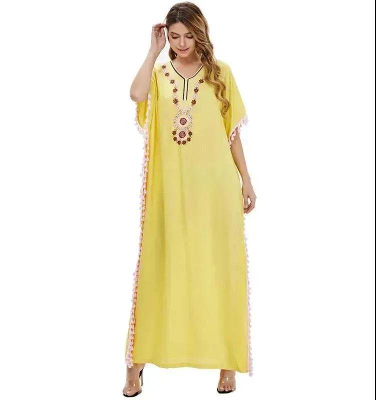Abaya en Coton Brodé de Soirée pour Femmes Abaya à Manches Courtes Fantaisie pour Femmes du Moyen-Orient