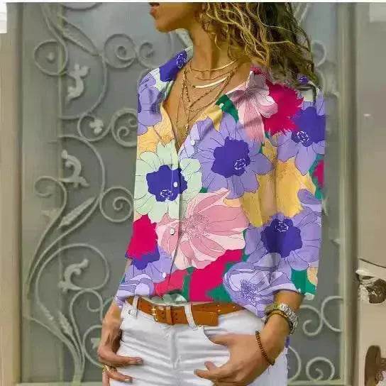 Chemise à manches longues, imprimé floral numérique, revers, simple boutonnage, style européen et américain