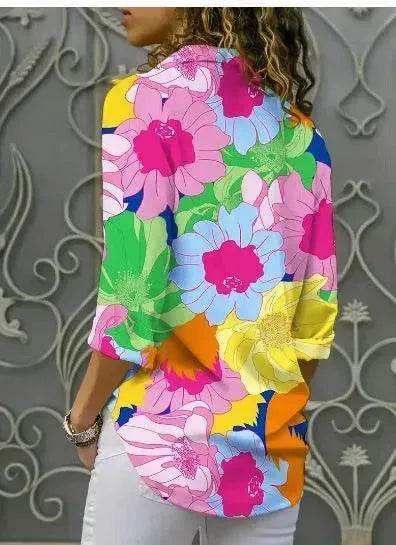 Chemise à manches longues, imprimé floral numérique, revers, simple boutonnage, style européen et américain
