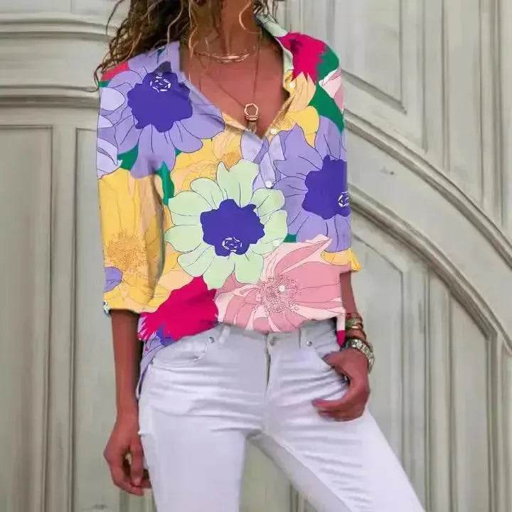 Chemise à manches longues, imprimé floral numérique, revers, simple boutonnage, style européen et américain