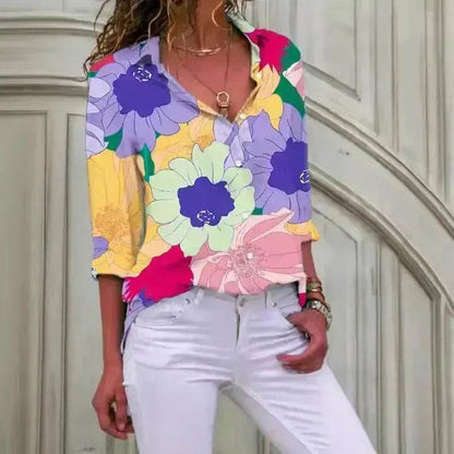 Chemise à manches longues, imprimé floral numérique, revers, simple boutonnage, style européen et américain