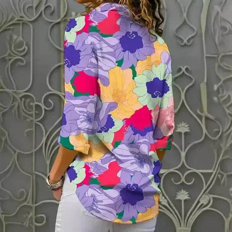 Chemise à manches longues, imprimé floral numérique, revers, simple boutonnage, style européen et américain
