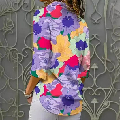 Chemise à manches longues, imprimé floral numérique, revers, simple boutonnage, style européen et américain