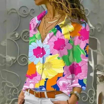 Chemise à manches longues, imprimé floral numérique, revers, simple boutonnage, style européen et américain