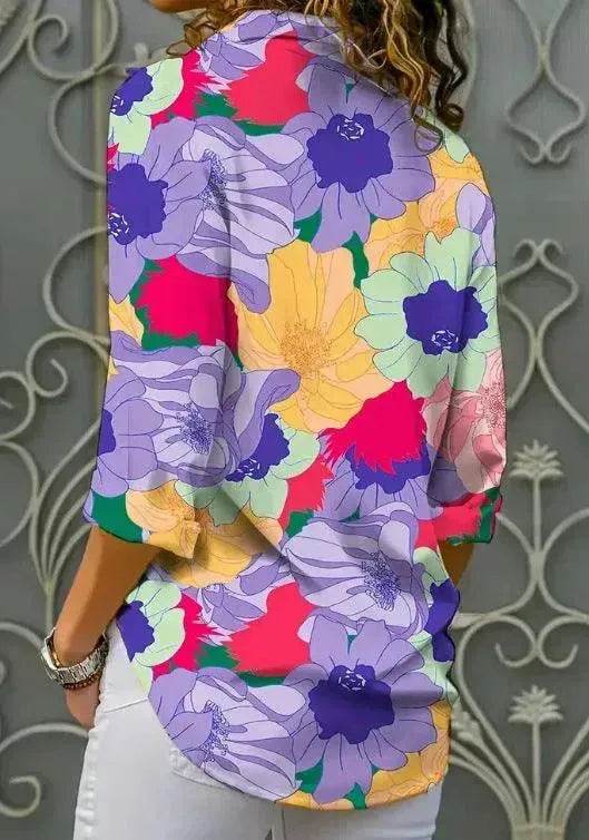 Chemise à manches longues, imprimé floral numérique, revers, simple boutonnage, style européen et américain