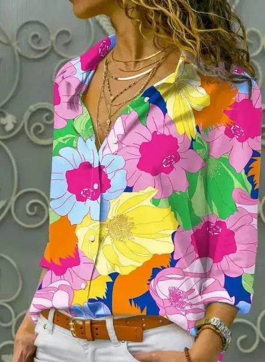 Chemise à manches longues, imprimé floral numérique, revers, simple boutonnage, style européen et américain