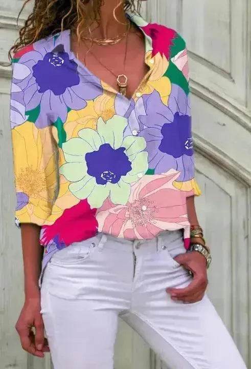 Chemise à manches longues, imprimé floral numérique, revers, simple boutonnage, style européen et américain