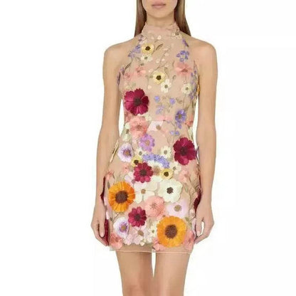 European And American Embroidery Three-dimensional Flower Halter Slim Fit Dress
