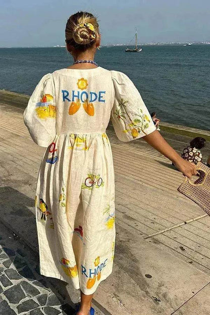 European And American Spring And Summer Casual Puff Sleeve Dress Loose Vacation  Midi  Dress