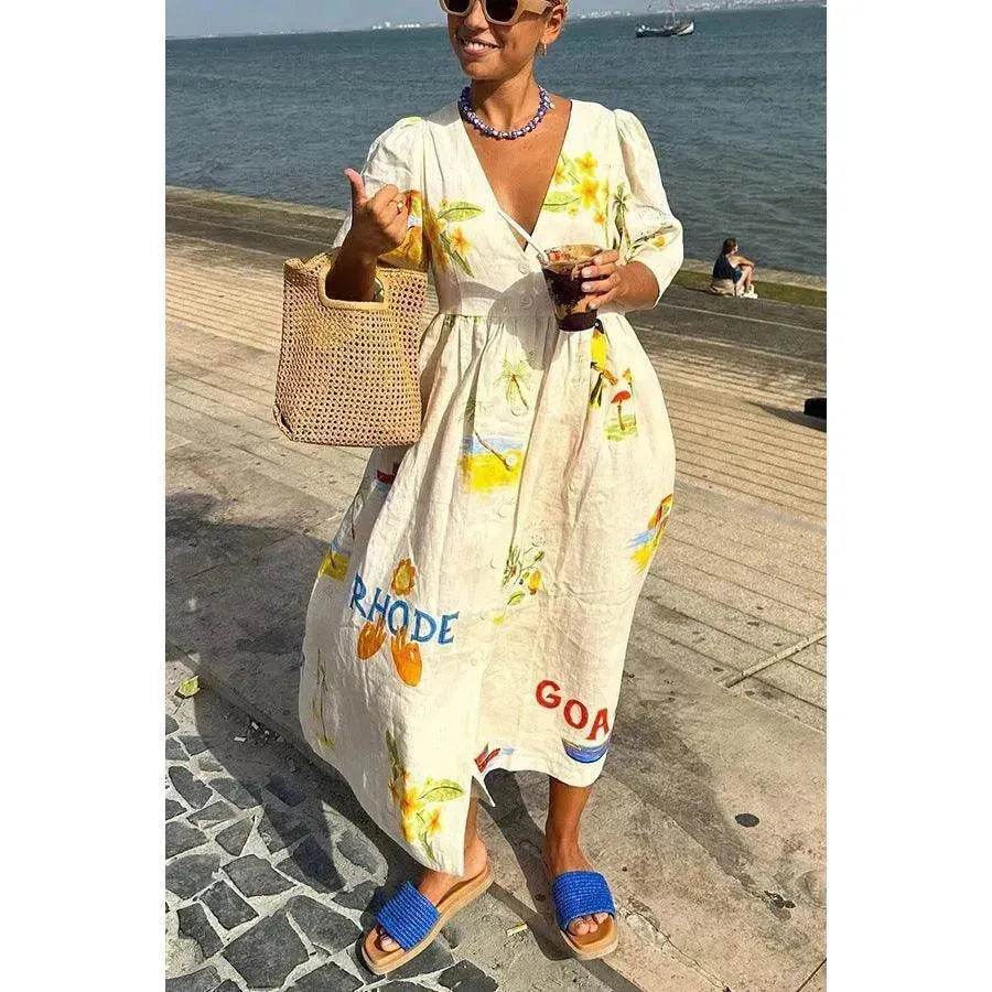 European And American Spring And Summer Casual Puff Sleeve Dress Loose Vacation  Midi  Dress