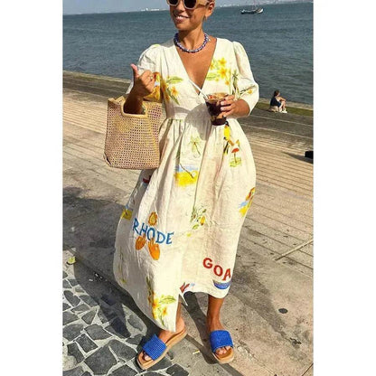 European And American Spring And Summer Casual Puff Sleeve Dress Loose Vacation  Midi  Dress
