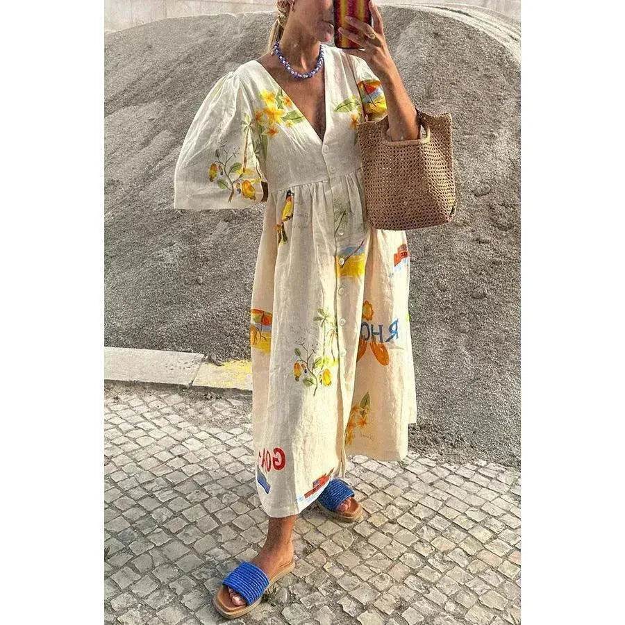 European And American Spring And Summer Casual Puff Sleeve Dress Loose Vacation  Midi  Dress