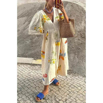 European And American Spring And Summer Casual Puff Sleeve Dress Loose Vacation  Midi  Dress