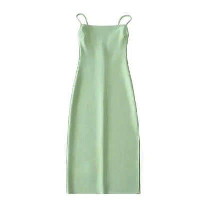 European And American Style Sold Color Sleeveless Midi Suspender Split Dress