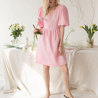 Women’s V-Neck Half-Sleeve Loose Dress – Relaxed-Fit Casual Summer Midi Dress