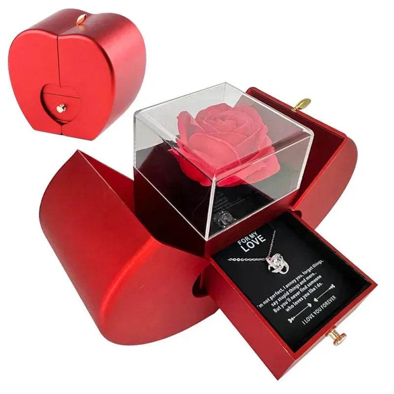 Boîte à bijoux de mode pomme rouge cadeau de Noël collier Rose éternelle pour fille fête des mères Saint Valentin cadeaux avec fleur artificielle Rose fleur boîte à bijoux