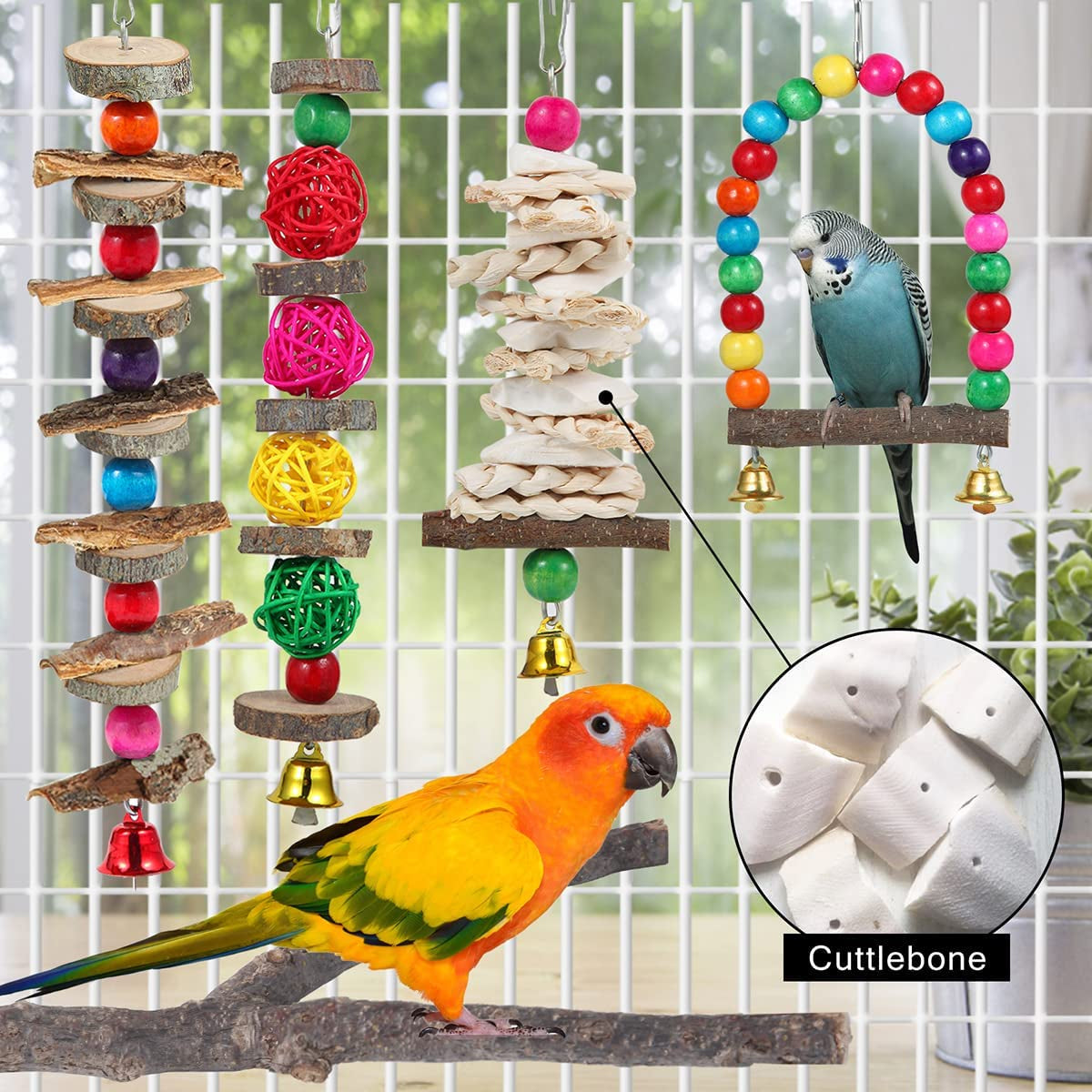 Jouets pour oiseaux, perchoir et jouets à mâcher en bois pour perruches, calopsittes, conures, inséparables, touïs, perruches ondulées, pinsons et autres oiseaux de petite et moyenne taille