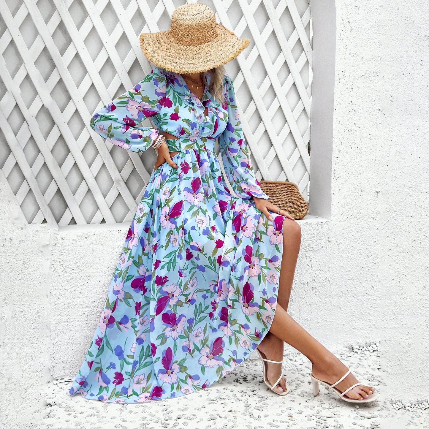 Robe longue imprimée florale à manches longues, décontractée pour les vacances, coupe ajustée, col en V, vêtements pour femmes