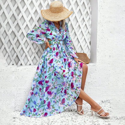 Robe longue imprimée florale à manches longues, décontractée pour les vacances, coupe ajustée, col en V, vêtements pour femmes