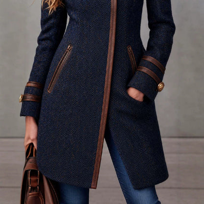 Women’s Mid-Length Herringbone Tweed Coat – Side-Zip Wool-Blend Jacket