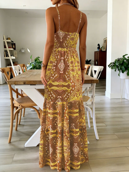 Women's Summer Boho Floral Print High-Waist V-Neck Spaghetti Strap Loose Maxi Dress