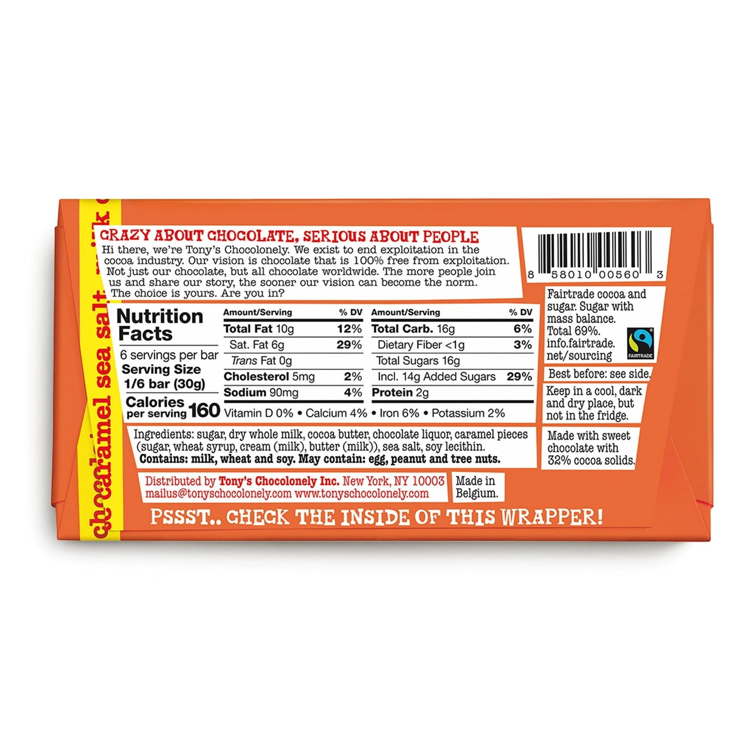 Tablette de chocolat au lait, caramel et sel marin Tony's Chocolonely, 180g