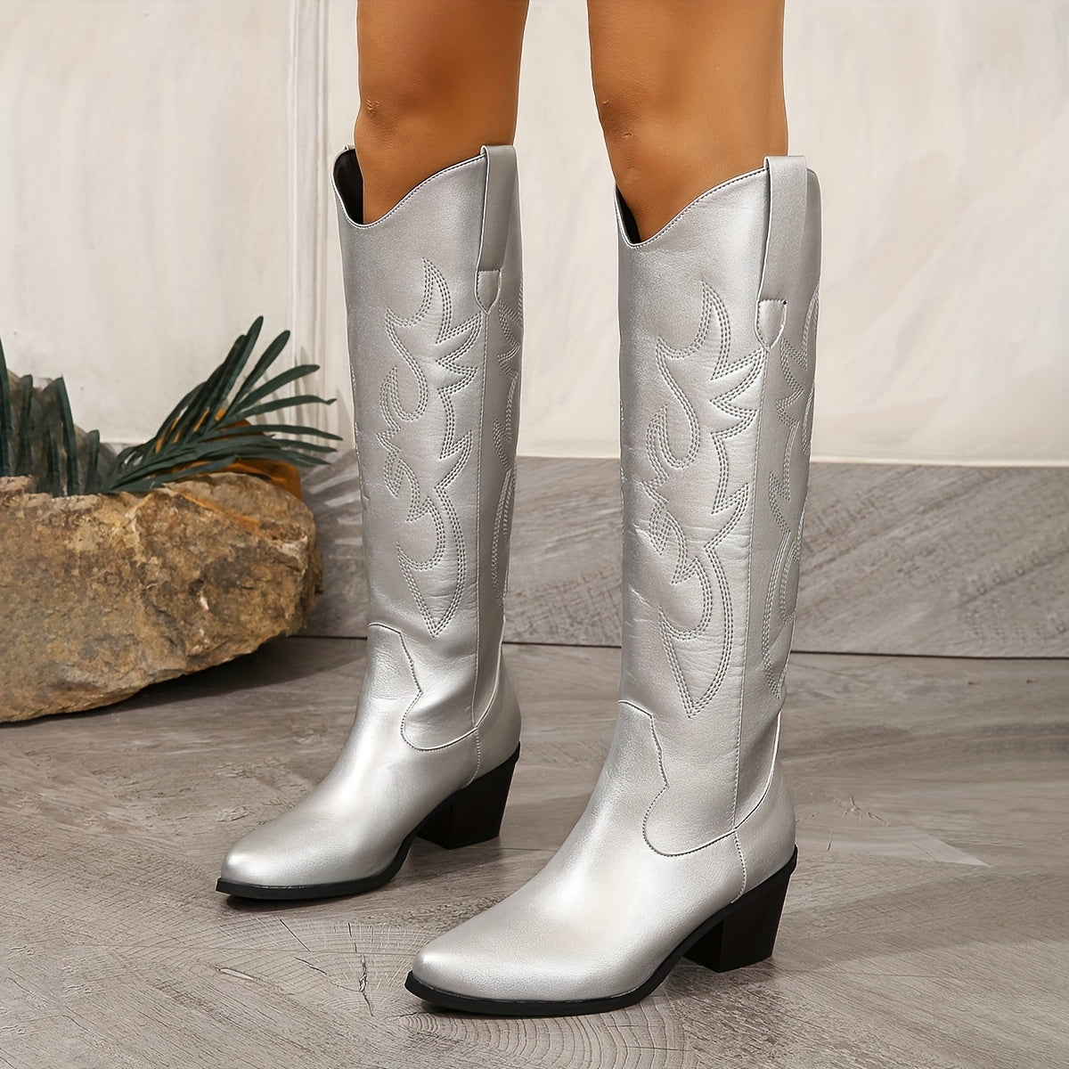 Bottes de cowboy à enfiler richement brodées pour femmes - Bout pointu à la mode, talon épais, hauteur genou - Style occidental authentique avec un confort ultime - Parfaites pour les vacances