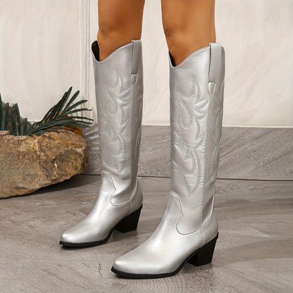 Womens Richly Embroidered Slip-On Cowboy Boots - Fashionable Pointed Toe, Chunky Heel, High Knee Height - Authentic Western Style with Ultimate Comfort - Perfect for Vacation Wear