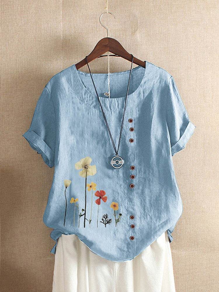 Casual Summer Beach Cotton And Linen Printed Elegant Short Sleeve blouse Top Women