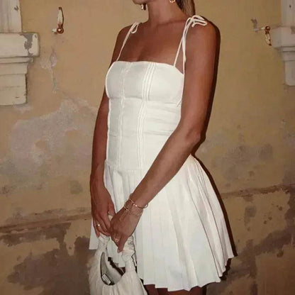 Summer Strappy Suspender Corset Dress French Style Slim Single Breasted Bodycon Pleated Skirt Party Dresses For Women Mini Skater White Dress for Chic Ladies