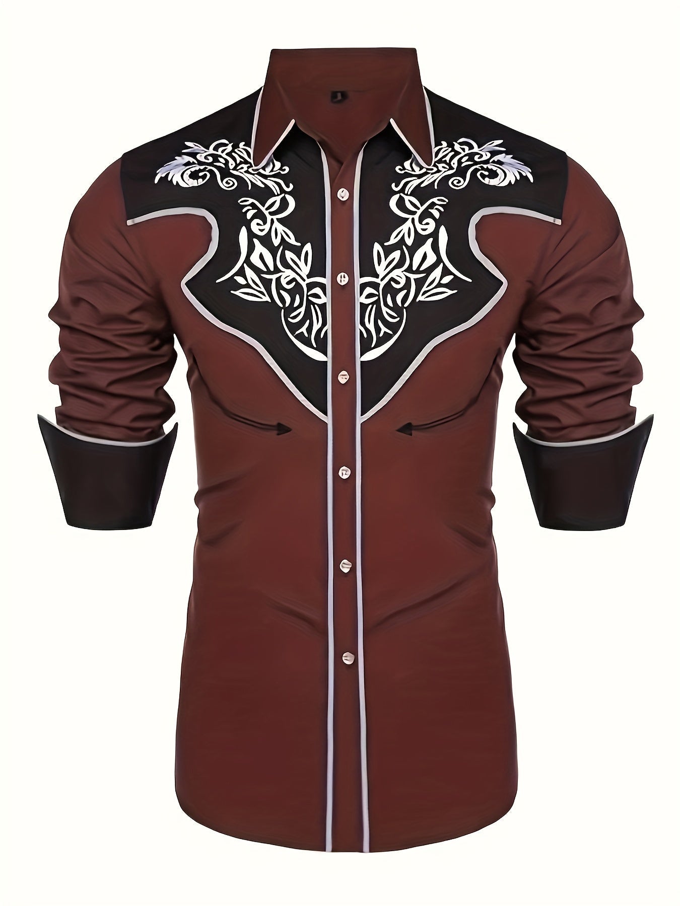 Western Cowboy Chic Long Sleeve Embroidered Shirt - Soft Cotton Blend, Elegant Design, Casual Style for Spring Fall Vacation Resort Wear - Men's Shirt for Outdoor Activities, Travel, and Leisure
