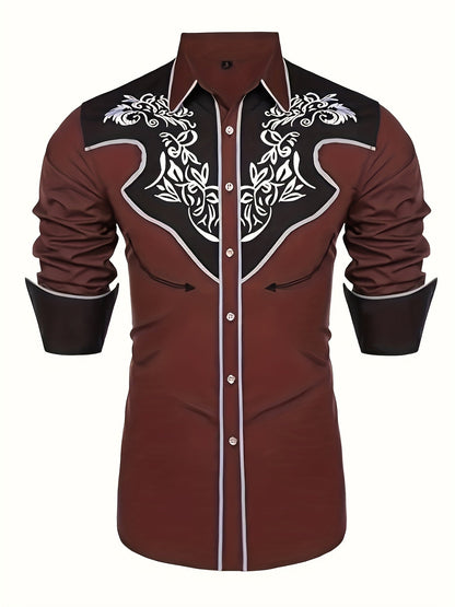 Western Cowboy Chic Long Sleeve Embroidered Shirt - Soft Cotton Blend, Elegant Design, Casual Style for Spring Fall Vacation Resort Wear - Men's Shirt for Outdoor Activities, Travel, and Leisure