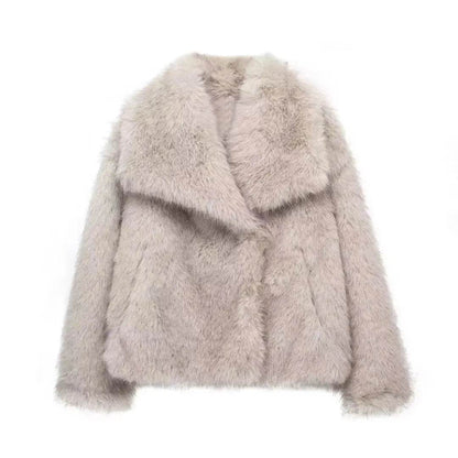 Manteau d'hiver en peluche à col ouvert et revers épais, manteau en fausse fourrure pour femmes