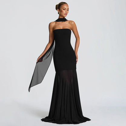 Women's Sleeveless Chiffon Tube Top Dress With Ribbons – Elegant Floor-Length Dress