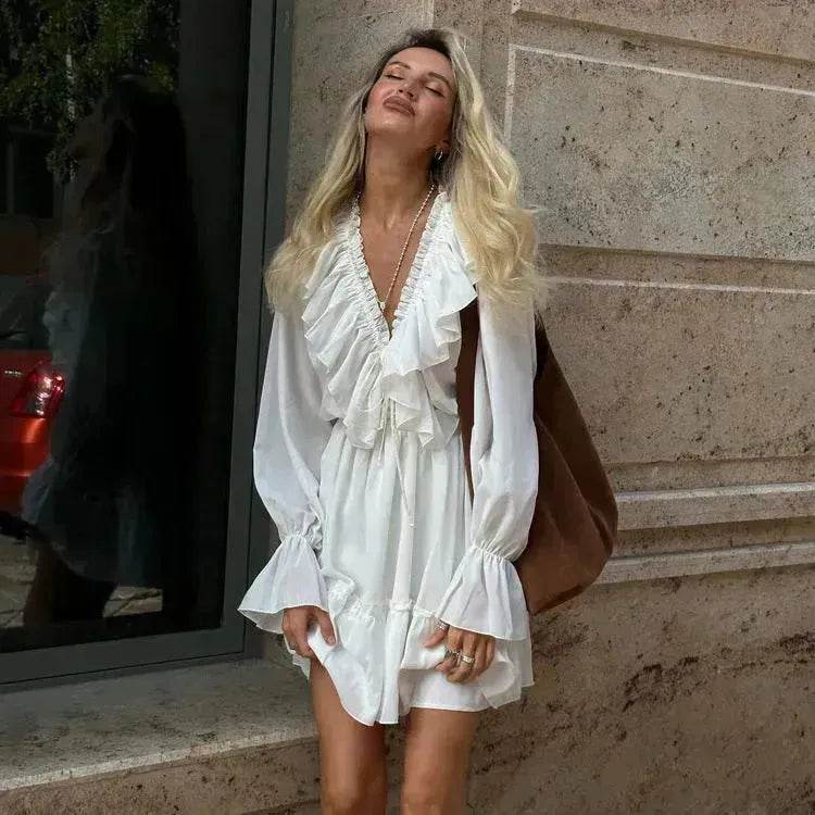 Robe plissée à volants et manches longues col en V style décontracté Y2K Robe patineuse courte col en V manches évasées Vêtements femme