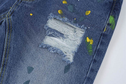 Ripped Paint Wide-leg Denim Trousers For Men Jeans