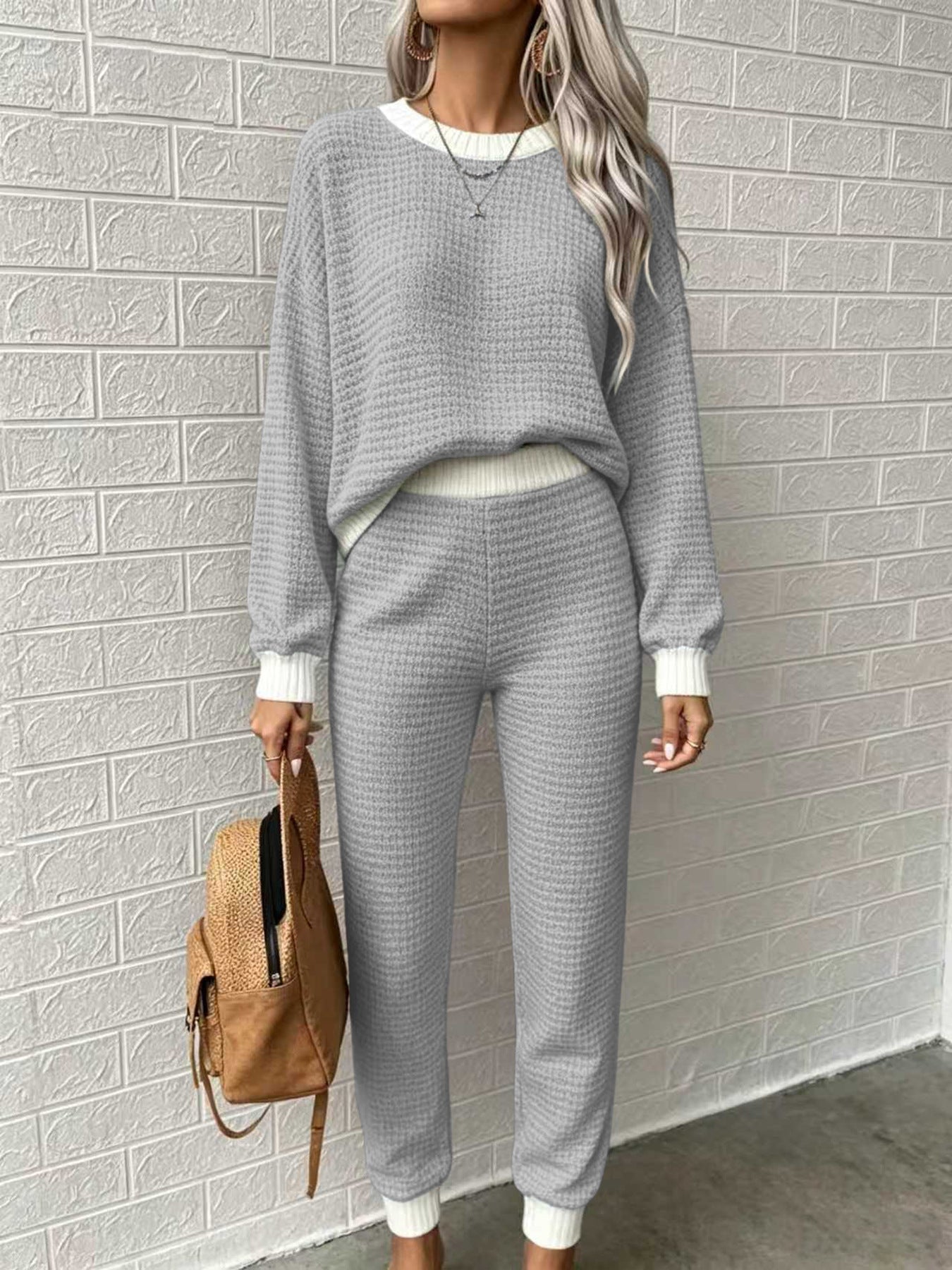 Women’s Waffle-Weave Sweatshirt & Pants Set – Casual Drawstring Crew-Neck Long-Sleeve Loungewear
