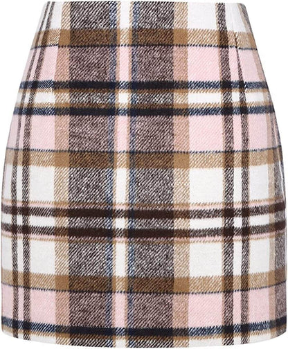Women's High Waist Plaid Tight Pencil Wool Mini Skirt